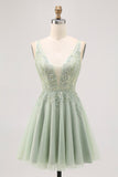 Verde A-line Tule Backless frisado vestido curto Homecoming com lantejoulas