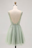 Verde A-line Tule Backless frisado vestido curto Homecoming com lantejoulas