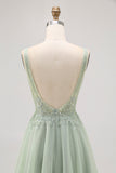 Verde A-line Tule Backless frisado vestido curto Homecoming com lantejoulas