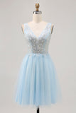 Azul brilhante A-line Tulle Vestido Curto Homecoming com Sequins