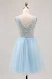 Azul brilhante A-line Tulle Vestido Curto Homecoming com Sequins