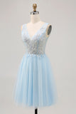 Azul brilhante A-line Tulle Vestido Curto Homecoming com Sequins