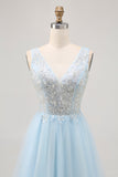 Azul brilhante A-line Tulle Vestido Curto Homecoming com Sequins