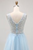 Azul brilhante A-line Tulle Vestido Curto Homecoming com Sequins