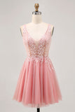 A-line Tulle Blush Sequins Backless Vestido Curto Homecoming com Missangas