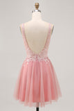 A-line Tulle Blush Sequins Backless Vestido Curto Homecoming com Missangas