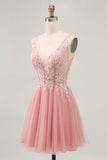 A-line Tulle Blush Sequins Backless Vestido Curto Homecoming com Missangas