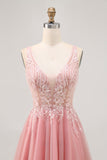 A-line Tulle Blush Sequins Backless Vestido Curto Homecoming com Missangas
