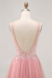 A-line Tulle Blush Sequins Backless Vestido Curto Homecoming com Missangas