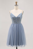 Cinzento Azul A-line Tule Vestido Curto Homecoming com Missangas