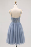 Cinzento Azul A-line Tule Vestido Curto Homecoming com Missangas