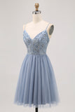 Cinzento Azul A-line Tule Vestido Curto Homecoming com Missangas