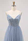 Cinzento Azul A-line Tule Vestido Curto Homecoming com Missangas