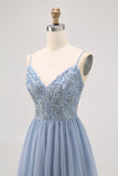 Cinzento Azul A-line Tule Vestido Curto Homecoming com Missangas