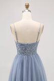 Cinzento Azul A-line Tule Vestido Curto Homecoming com Missangas