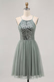 Cinza Verde A-line Tule Sequins Vestido Curto Homecoming com Sequins