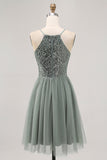 Cinza Verde A-line Tule Sequins Vestido Curto Homecoming com Sequins