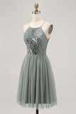 Cinza Verde A-line Tule Sequins Vestido Curto Homecoming com Sequins