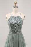Cinza Verde A-line Tule Sequins Vestido Curto Homecoming com Sequins