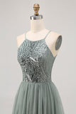 Cinza Verde A-line Tule Sequins Vestido Curto Homecoming com Sequins