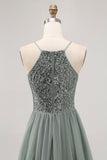 Cinza Verde A-line Tule Sequins Vestido Curto Homecoming com Sequins