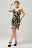 Preto Dourado Esparguete Alças Sequins 1920s Vestido com Acessórios set