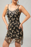 Preto Dourado Esparguete Alças Sequins 1920s Vestido com Acessórios set