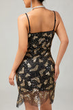 Preto Dourado Esparguete Alças Sequins 1920s Vestido com Acessórios set