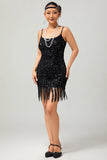 Preto Esparguete Correias Franjas Sequins 1920s Vestido com Acessórios set