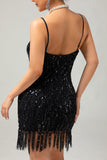 Preto Esparguete Correias Franjas Sequins 1920s Vestido com Acessórios set