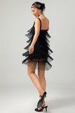 Paetês pretas Gatsby Bodycon Vestido curto dos anos 1920 com franjas