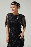 Capa feminina Gatsby Black Golden Sequin dos anos 1920 com bordas