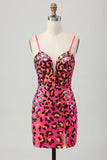 Fuchsia Bodycon Esparguete Correias Sequins Homecoming Vestido com Fenda