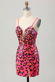 Fuchsia Bodycon Esparguete Correias Sequins Homecoming Vestido com Fenda