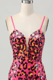 Fuchsia Bodycon Esparguete Correias Sequins Homecoming Vestido com Fenda