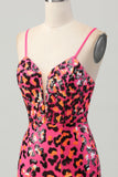 Fuchsia Bodycon Esparguete Correias Sequins Homecoming Vestido com Fenda
