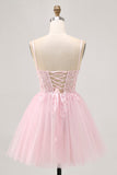 Rosa A Line Corset Tulle Vestido Curto Homecoming com Apliques