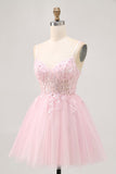 Rosa A Line Corset Tulle Vestido Curto Homecoming com Apliques