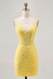 Espartilho amarelo floral apertado vestido curto Homecoming com lantejoulas
