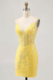 Espartilho amarelo floral apertado vestido curto Homecoming com lantejoulas