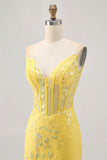 Espartilho amarelo floral apertado vestido curto Homecoming com lantejoulas