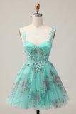 Espartilho Verde A-Line Vestido Curto Homecoming Floral com Renda Up Back