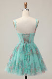 Espartilho Verde A-Line Vestido Curto Homecoming Floral com Renda Up Back