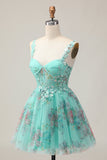 Espartilho Verde A-Line Vestido Curto Homecoming Floral com Renda Up Back