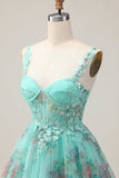 Espartilho Verde A-Line Vestido Curto Homecoming Floral com Renda Up Back