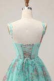 Espartilho Verde A-Line Vestido Curto Homecoming Floral com Renda Up Back