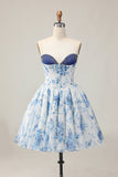 Branco Azul Flor A-Line Strapless estampado frisado Homecoming Dress