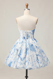 Branco Azul Flor A-Line Strapless estampado frisado Homecoming Dress