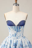 Branco Azul Flor A-Line Strapless estampado frisado Homecoming Dress