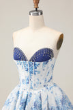 Branco Azul Flor A-Line Strapless estampado frisado Homecoming Dress